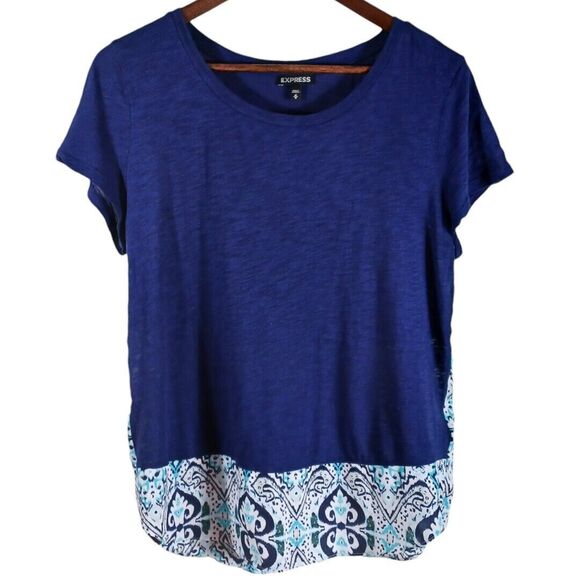Express Women's Boho Blue Semi Sheer Layered Short Sleeve Ikat Hem Top Size M - Picture 1 of 8